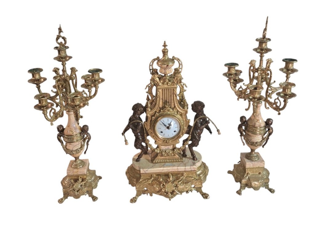 French Gilt Brass Bronze and Marble Clock Garniture Set with Cherub Motif, 27"H
