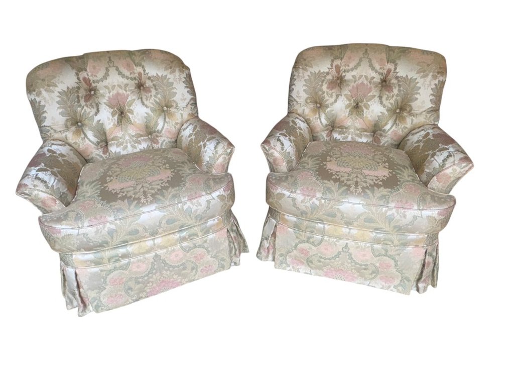 Pair of Harden Tehmina Swivel Rocker Lounge Chairs with Custom Floral Damask Upholstery