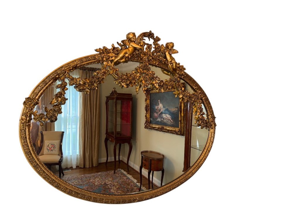 Gilded Overmantel Mirror with Cherub and Floral Detailing