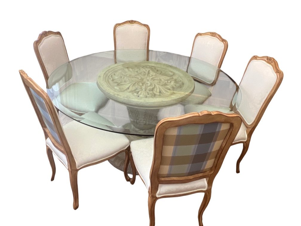 Round Dining Set with Carved Glass Table and Six Custom Upholstered Chairs