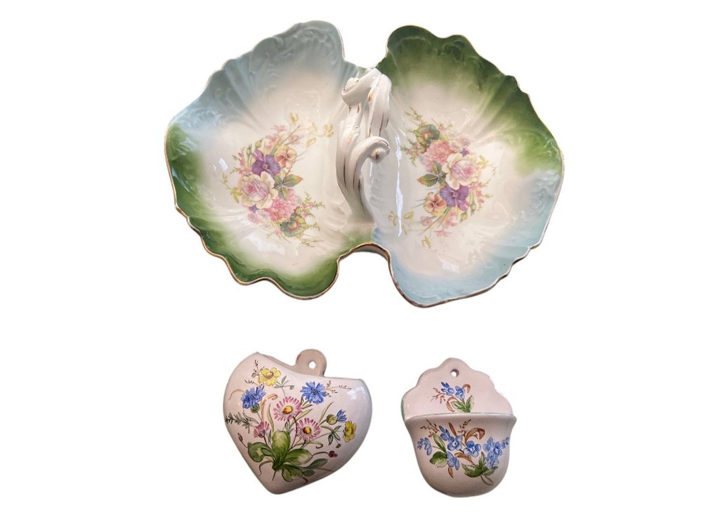 Lot of Three Hand-Painted Floral Porcelain Wall Pockets and Divided Dish