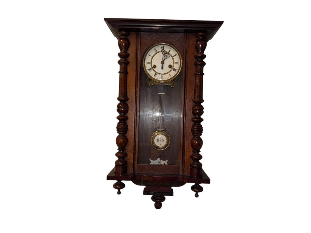 Victorian Walnut Wall Clock with Turned Columns and Glass Panel