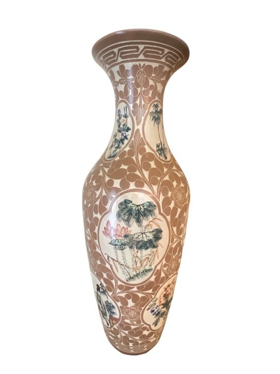 Ceramic Vase with Raised Floral Patterns and Hand-Painted Botanical Panels
