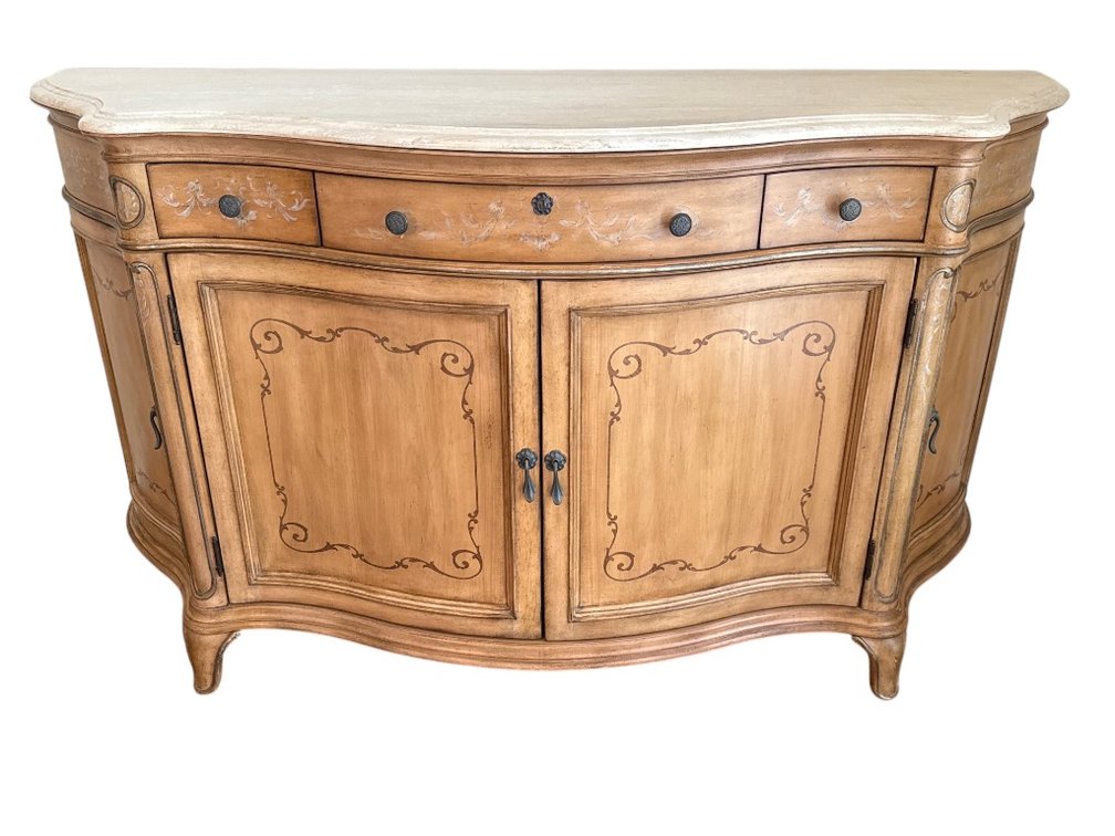 Carved Wood Buffet Sideboard with Marble Top and Hand-Painted Detailing