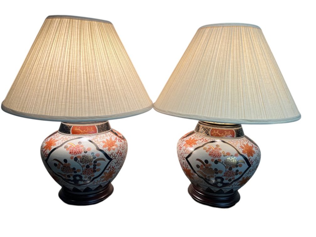 Pair of Vintage Imari Style Table Lamps with Floral Motif