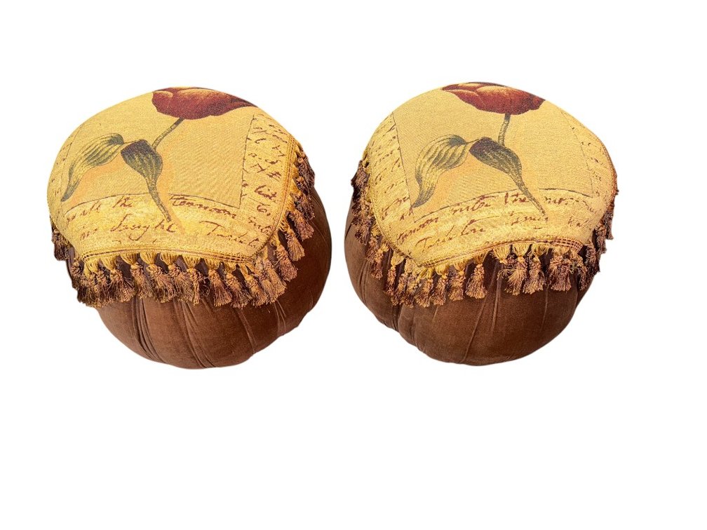 Pair of Decorative Tapestry Ottoman Poufs with Rose Motif and Tassel Trim