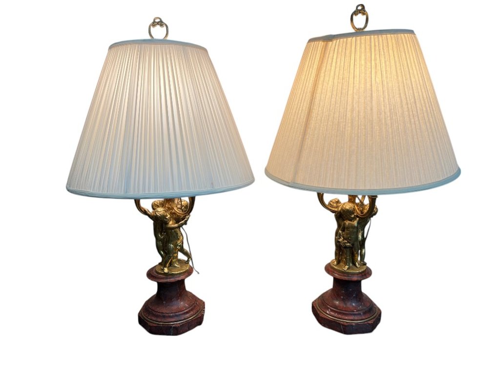 Pair of Ornate Brass and Marble Table Lamps