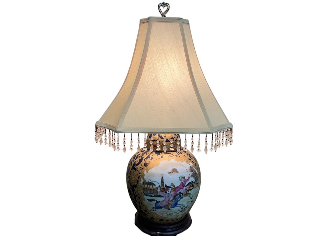 Porcelain Table Lamp with Hand-Painted Equestrian Scene and Crystal Fringe Shade