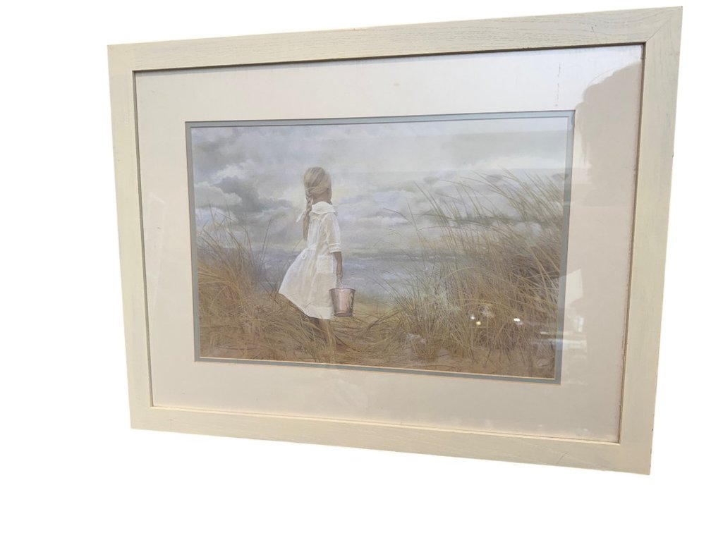 Framed Beach Scene Print Featuring Girl with Pail