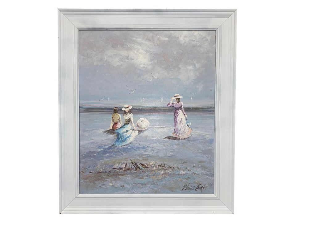 Original Maurice Charlot Impressionist Oil Painting of Figures on the Beach, Framed