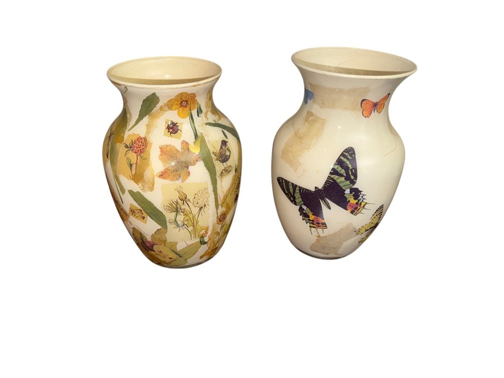 Pair of Hand-Decorated Floral and Butterfly Motif Ceramic Vases