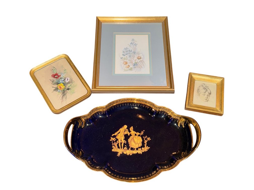 Decorative Art Collection Featuring Bavaria Porcelain Tray and Framed Floral Prints