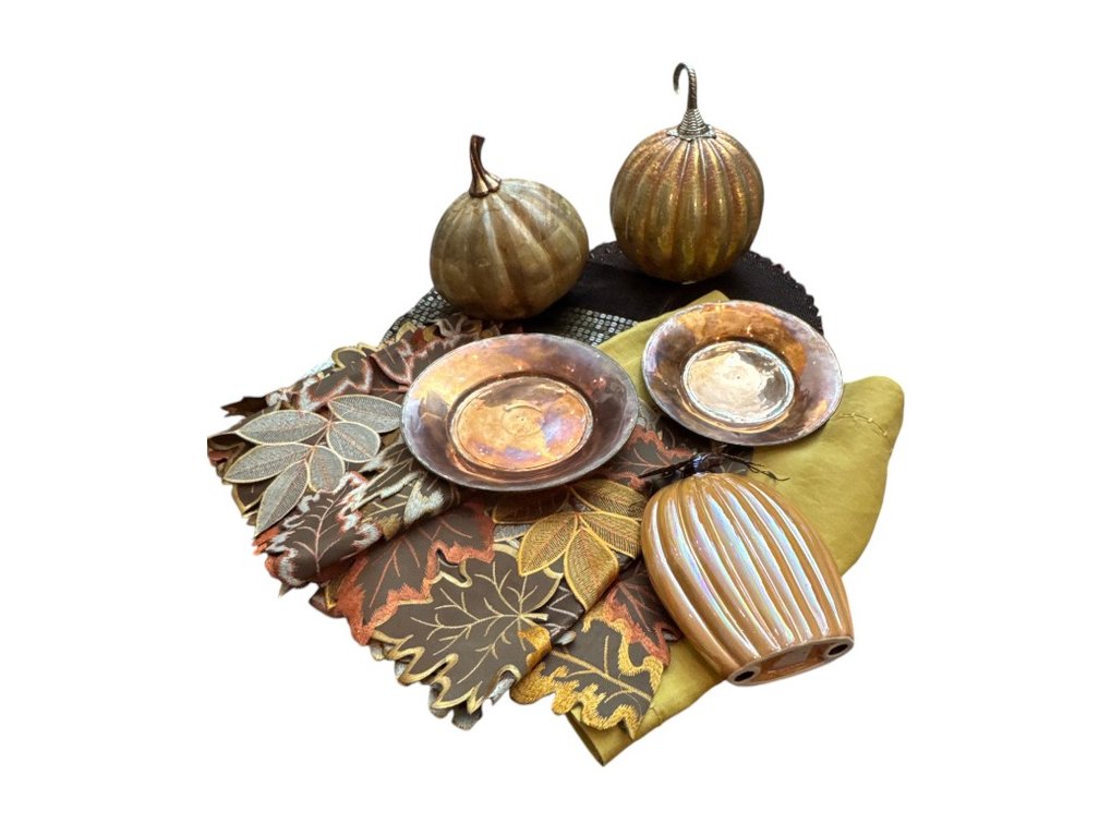 Autumn-Inspired Decorative Tabletop Ensemble with Metallic Pumpkins, Embroidered Leaf Runner, Copper Bowls, and Textiles