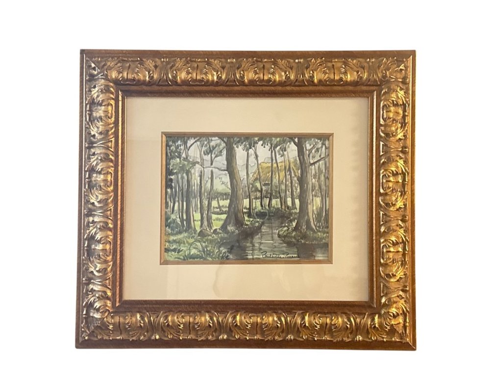 Paul-Émile Pissarro (French, 1884–1972) — Untitled (Wooded Stream with Village), Watercolor on Paper, 25 x 22"