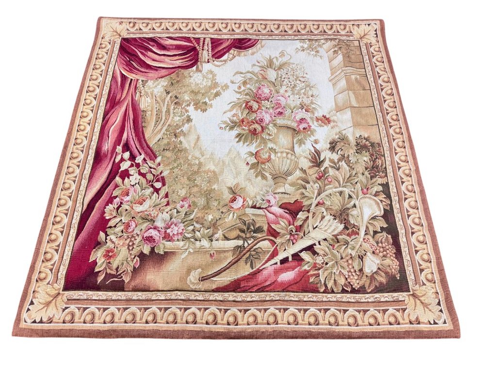 Intricate Floral Design Handwoven Wool Tapestry, 49 x 53"