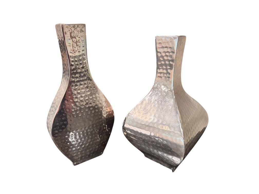 Vase Pair Hammered Polished Metal Sculptural Vessels