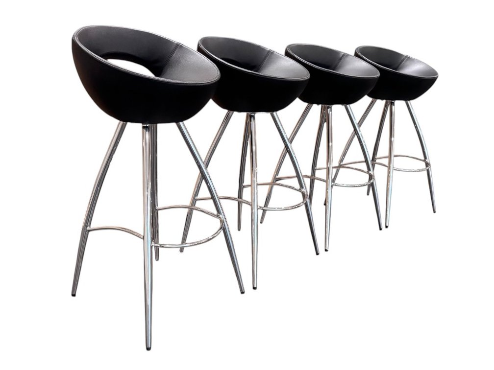 Italian Bar Stools Set of Four Black Upholstered Chrome Bases