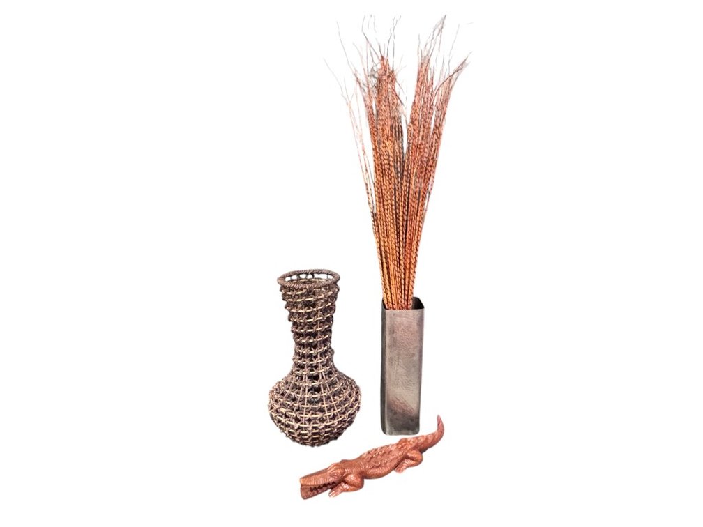 Vase and Accessory Set: Woven Rattan, Hammered Metal, Carved Crocodile
