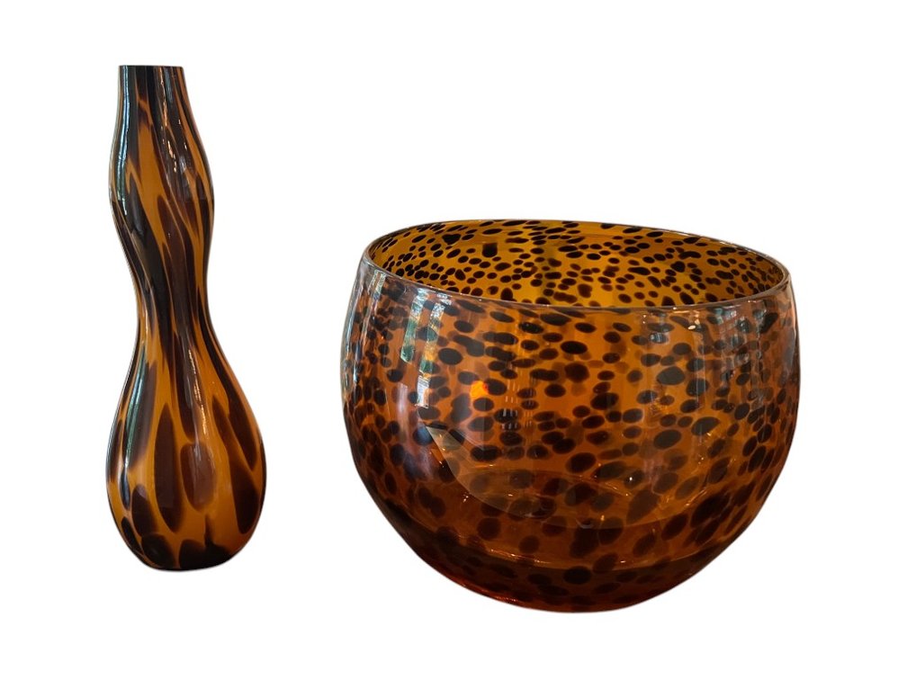 Stunning! Glass Bowl and Bud Vase, West Elm Amber Leopard-Pattern