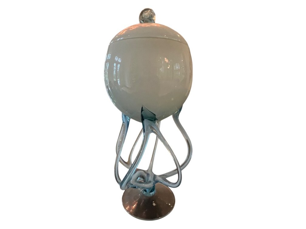 Stunning Art Glass Covered Compote with Applied Blue Loop Stem, 14"