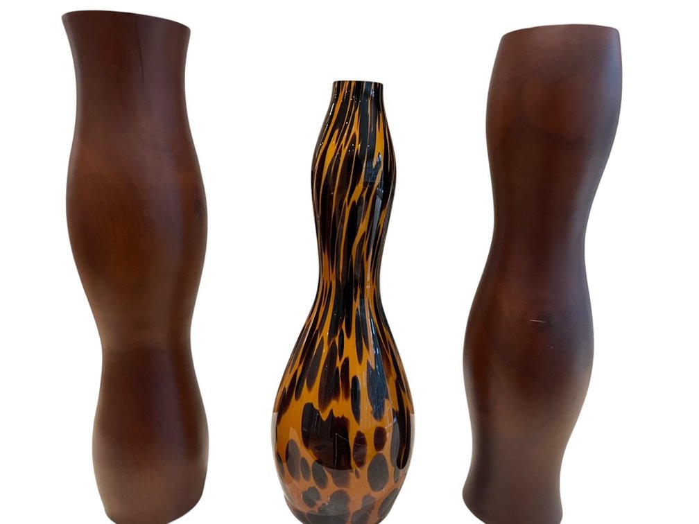Pair of Teak Candleholders and Tortoiseshell Glass Vase, 22"