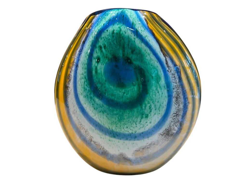 Stunning! Glass Art Vase with Blue, Green and Yellow Swirl, 9"