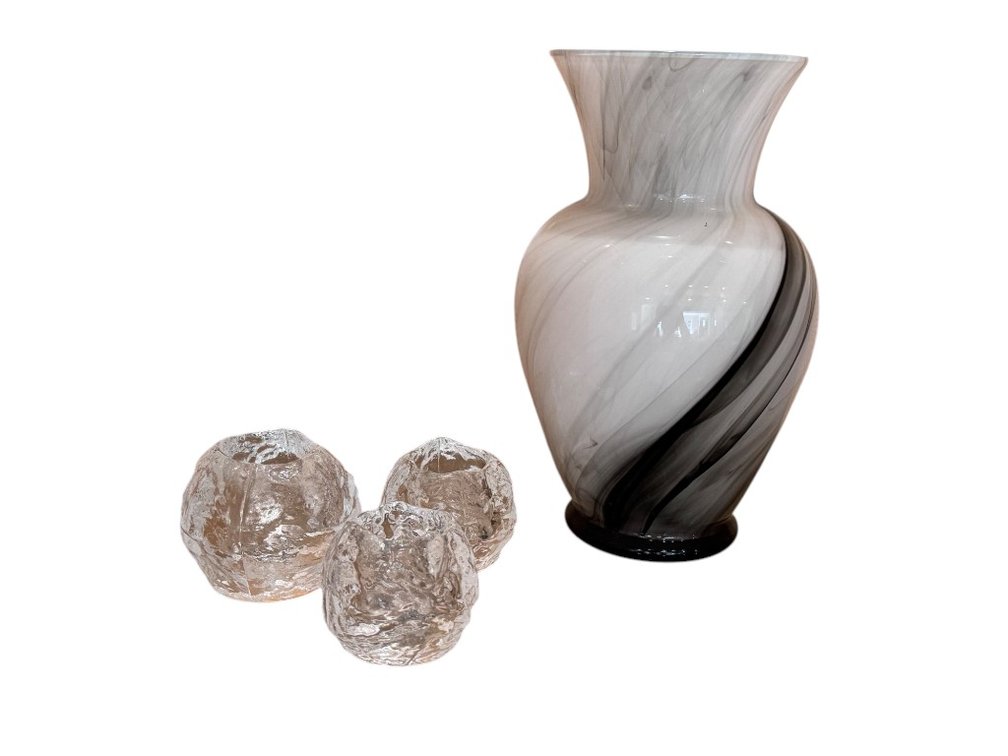 Art Glass Vase with Three Textured Glass Candle Holders