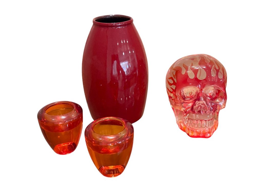 Red Glass Tableware Set with Skull Paperweight