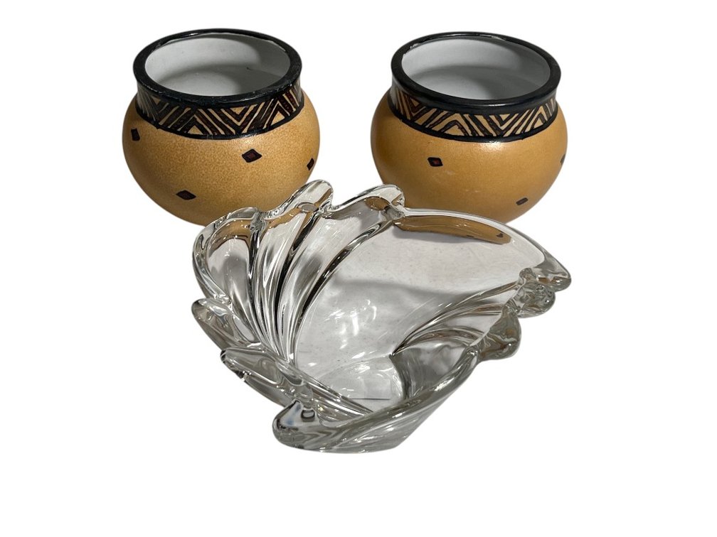Mikasa Crystal Glass Bowl with Pair of Mid-Century Pottery Vases
