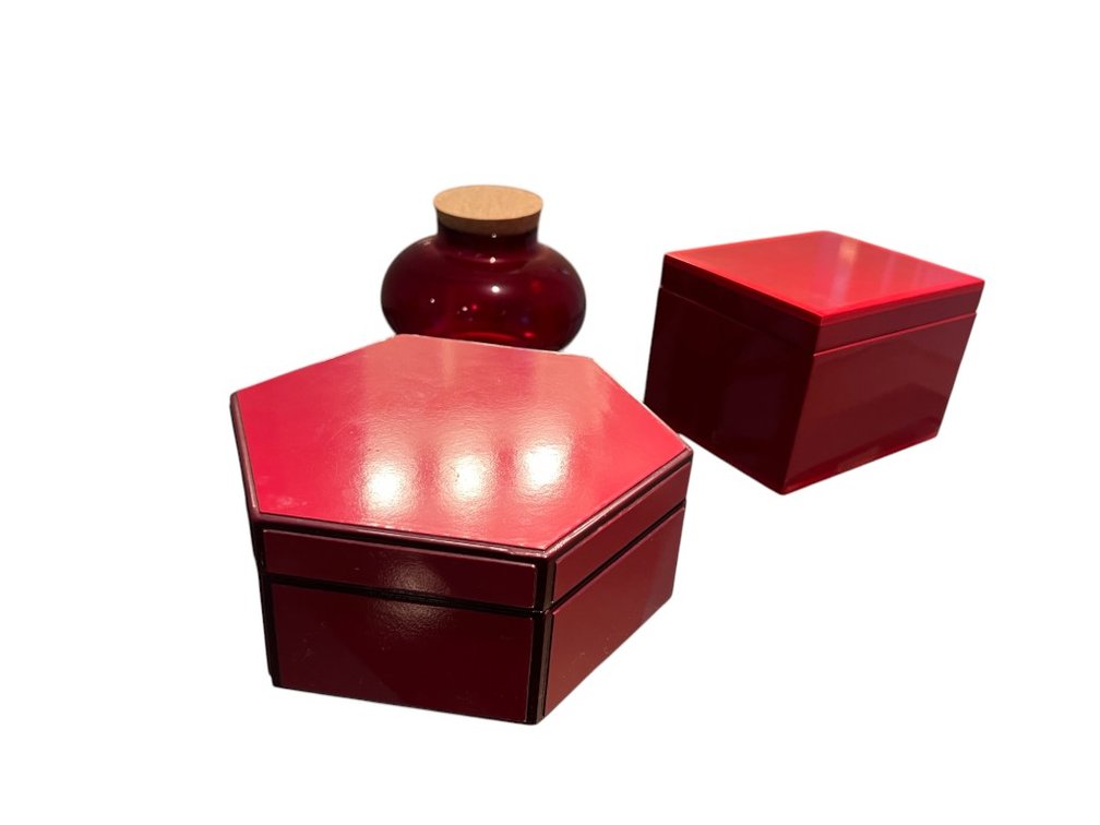 Storage Box Set with Red Lacquer Boxes and Glass Jar