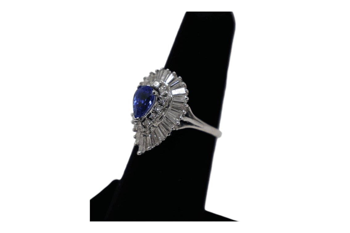 1.35 CTW Natural Sapphire & Diamond Ballerina Ring, 1.10ct Pear-Cut Blue Sapphire, 0.25ct Natural Diamonds F-G VS, 14K White Gold