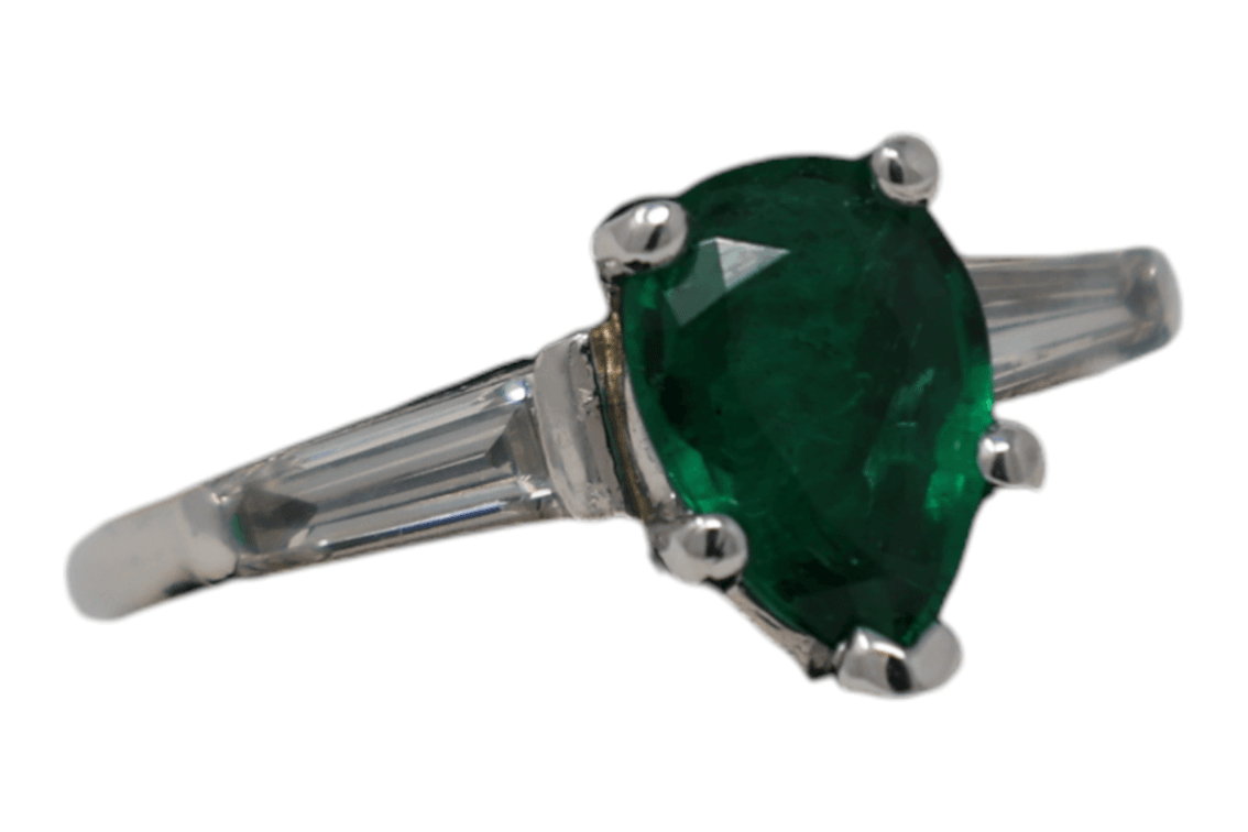 1.75 CTW Natural Emerald & Diamond Three-Stone Ring, 1.5ct Pear-Cut Emerald with Baguette Diamond Accents, Platinum