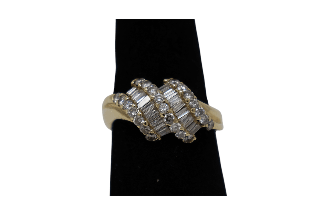 1.5 CTW Natural Diamond Bypass Cluster Ring, Round Brilliant & Baguette Diamonds H VS-SI, 14K Yellow Gold