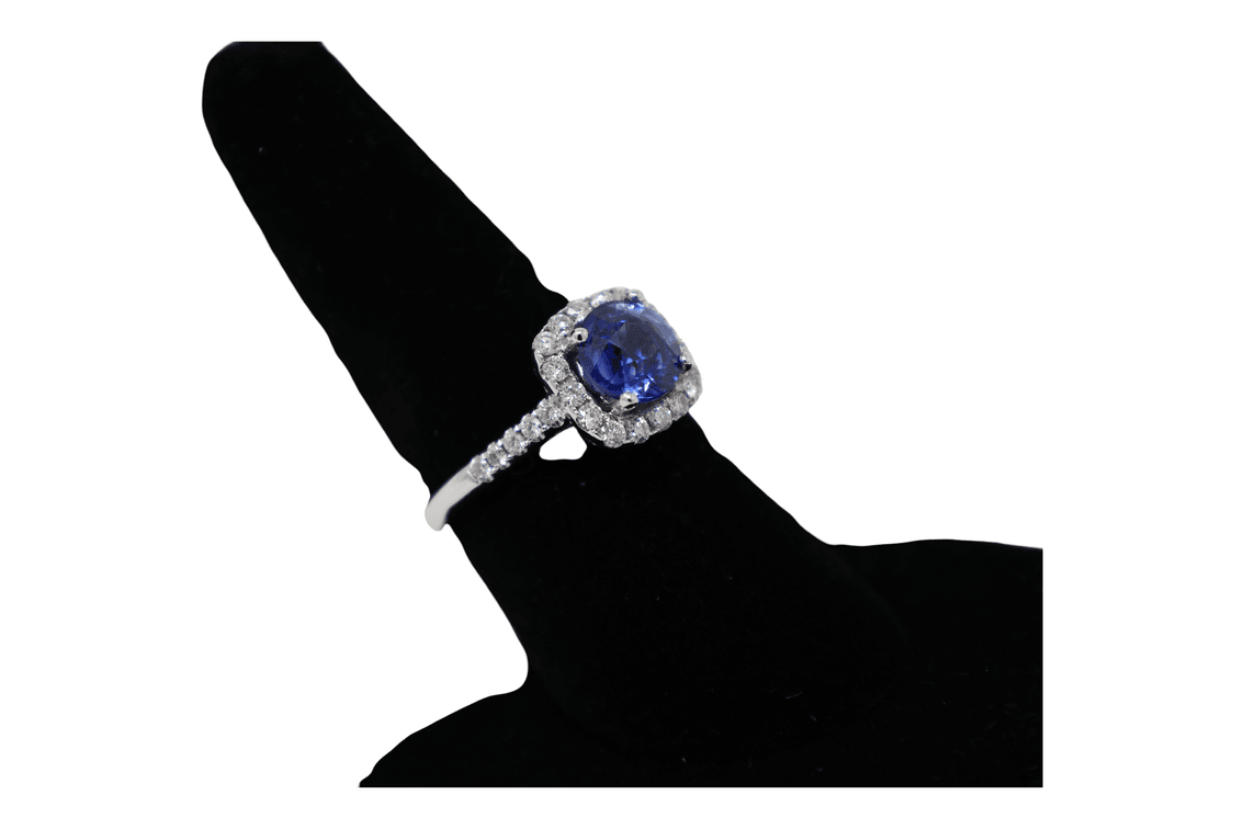 3.10 CTW Natural Ceylon Sapphire & Diamond Halo Ring, 2.35ct Cushion-Cut Blue Sapphire, 0.75ct Natural Diamonds F-G VS, 14K White Gold