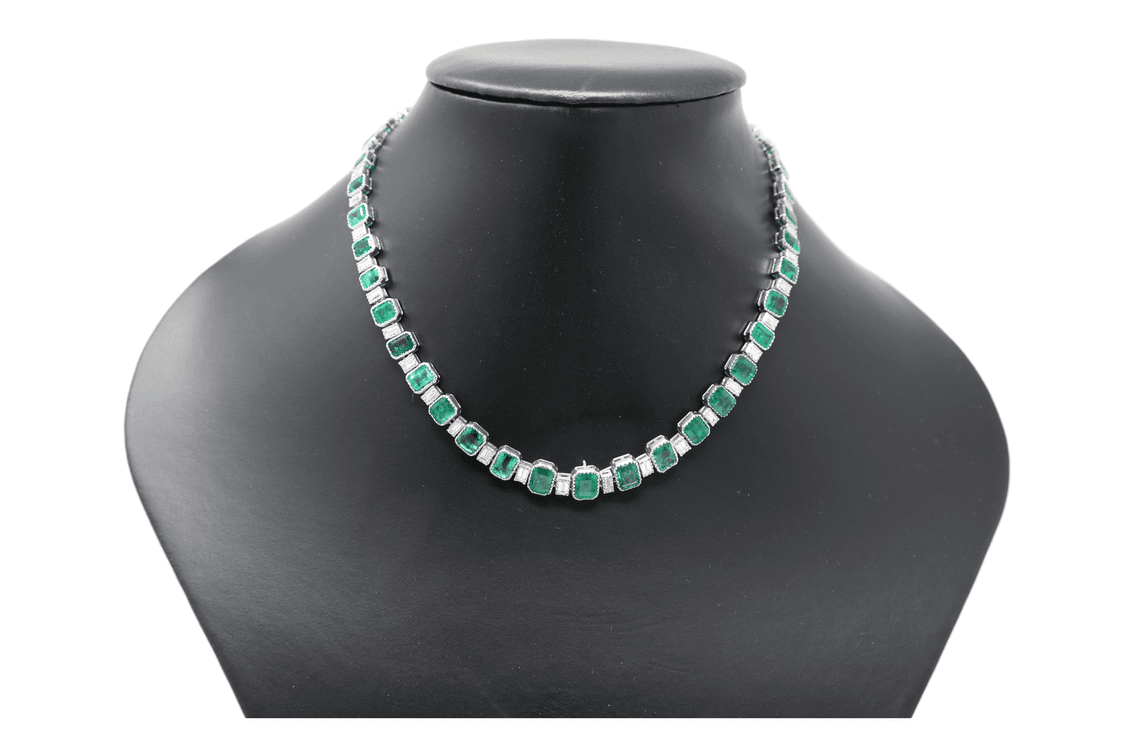 40.76 CTW Natural Emerald & Diamond Riviera Necklace, 33.53ct Emerald-Cut Emeralds, 7.23ct Natural Diamonds F-G VS, Platinum