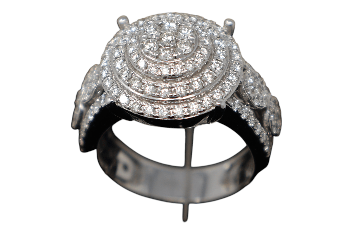 What a showstopper! Here's the auction description:  TITLE: 2 CTW Natural Diamond Multi-Halo Dome Cocktail Ring, H-I VS, 14K White Gold, 13.3 Grams