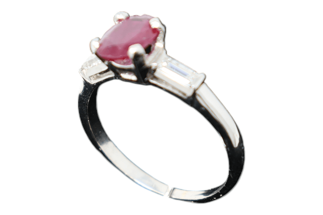 1.70–1.95 CTW Natural Ruby & Diamond Three-Stone Ring, 1.50–1.75ct Oval Ruby with Baguette Diamond Accents, 14K White Gold