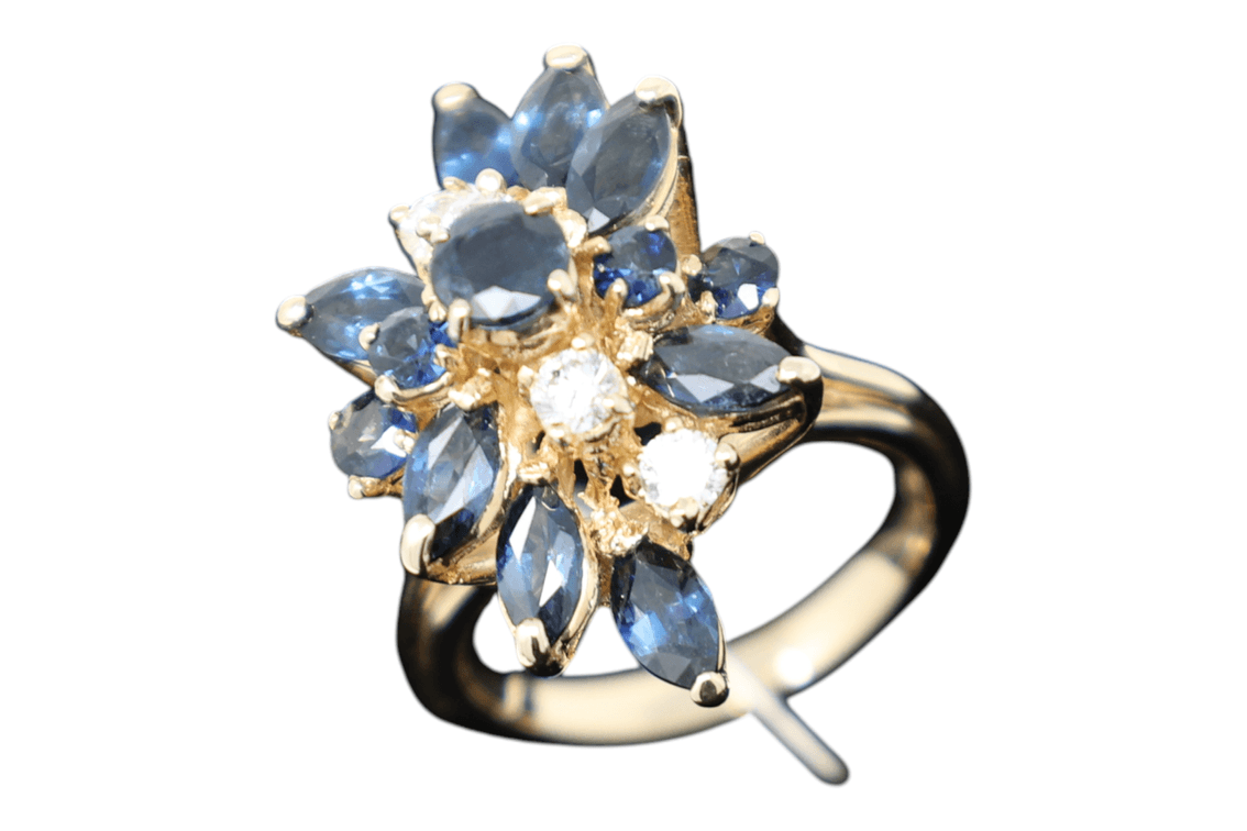 3.40 CTW Natural Sapphire & Diamond Floral Cluster Cocktail Ring, 3ct Blue Sapphires, 0.40ct Natural Diamonds, 14K Yellow Gold