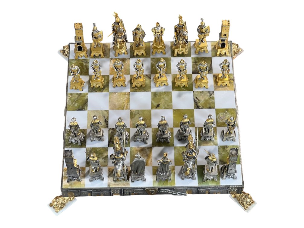 $15,445 PIERO BENZONI Italian 24K Gold & Silver Plated Bronze Medieval Chess Set with Green Onyx & Marble Board
