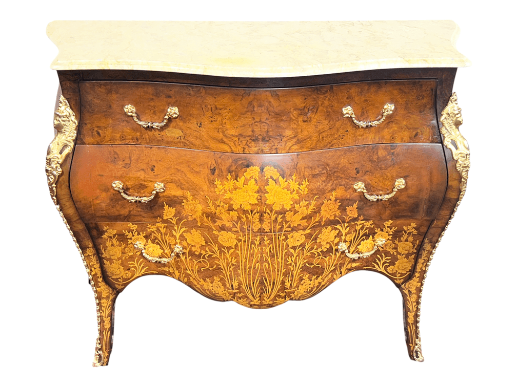 French Louis XV Style Marquetry Bombé Commode with Marble Top and Gilt Bronze Mounts