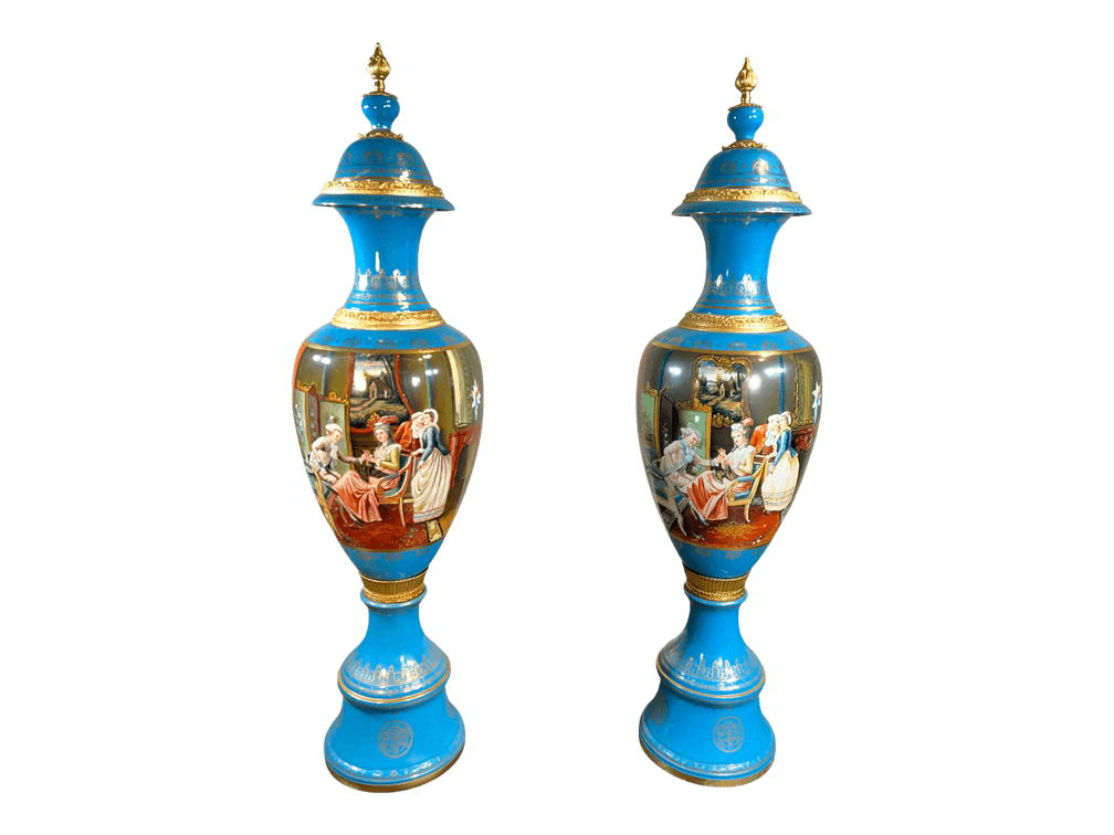 Pair of turquoise-ground Sèvres-style porcelain covered vases with gilt-metal mounts and fête galante scenes, 69"H