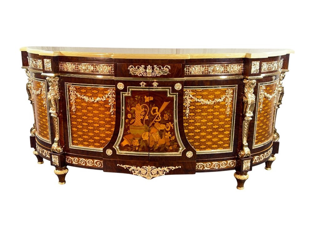 $32,000+ Italian Museum-Quality Louis XVI Style Ormolu-Mounted Marquetry Demilune Commode Italian Master Craftsmanship, 40"H