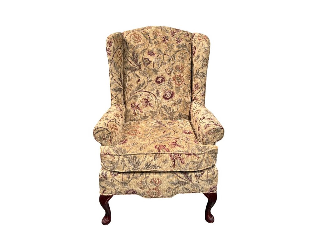 Wingback Armchair with Floral Upholstery and Mahogany Legs