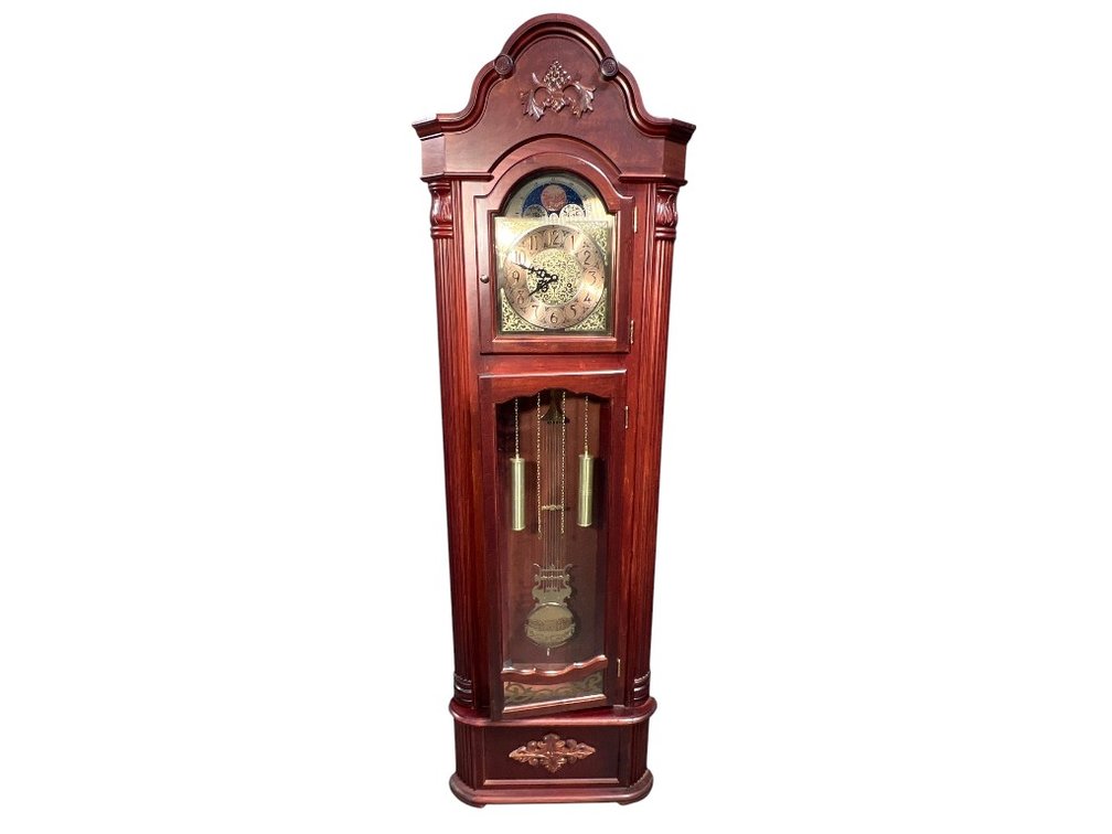 Mahogany Grandfather Clock with Brass Dial and Pendulum Weights