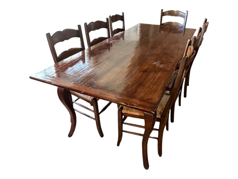 French Country–Style Farmhouse Dining Table with Ladderback Rush-Seat Chairs (Set of Seven), 30"