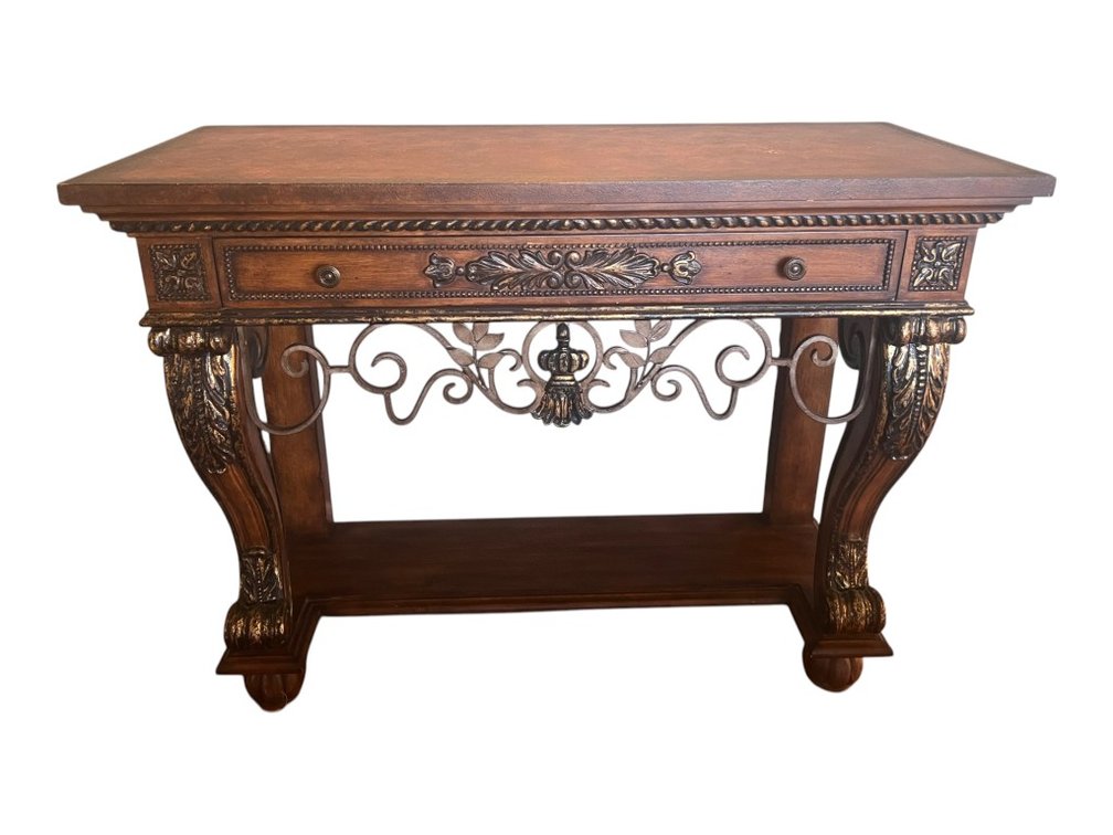 Neo-Classical / Baroque Revival Style Carved Wood Console or Sofa Table with Iron Scrollwork Stretcher, 36"