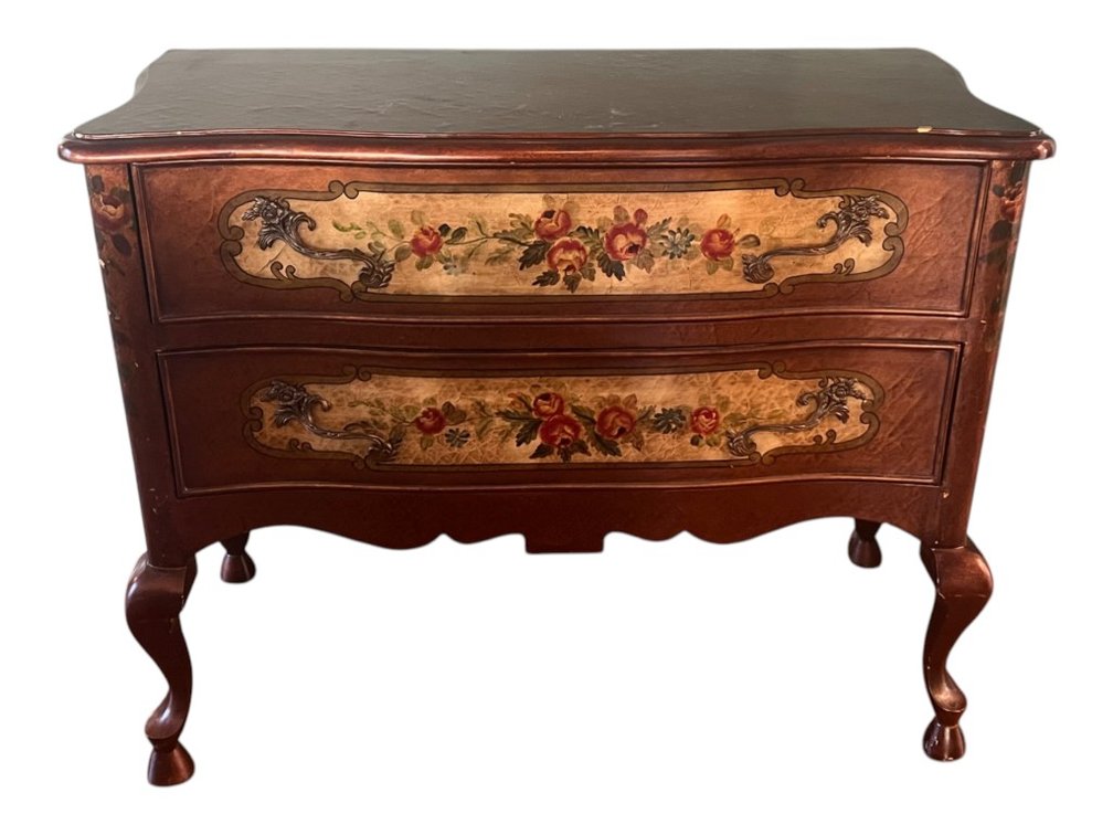 Florentine-Style Hand-Painted Two-Drawer Bombe Chest with Floral Panels and Rococo Pulls, 33"