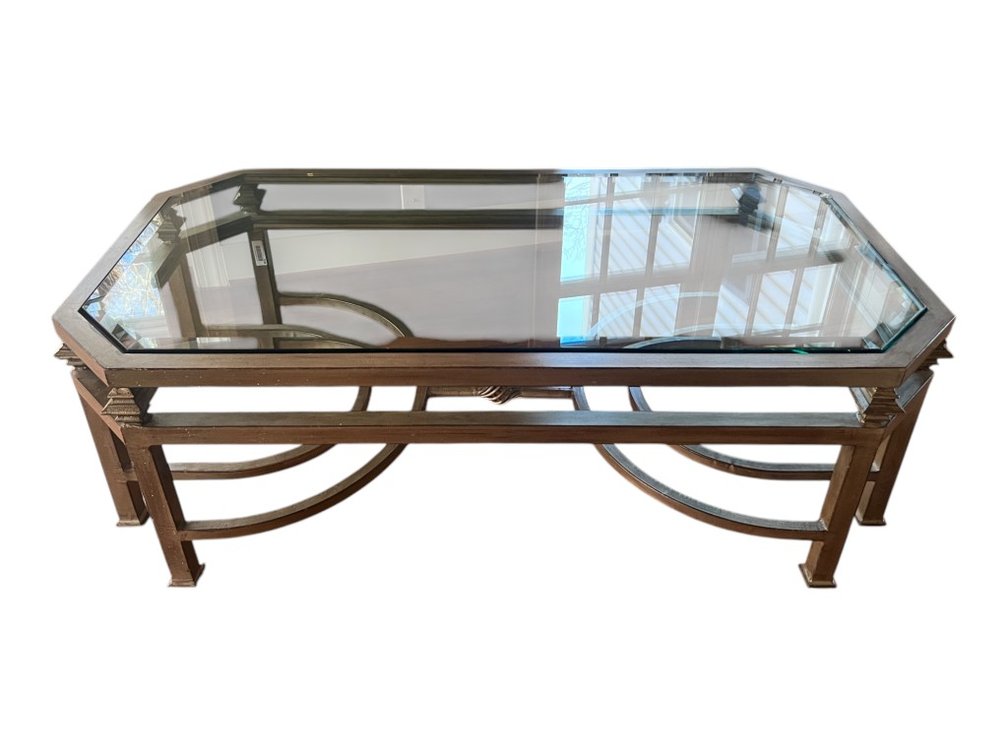 Quality Piece! Brass and Glass Octagonal Coffee Table with Geometric Stretchers, 19"
