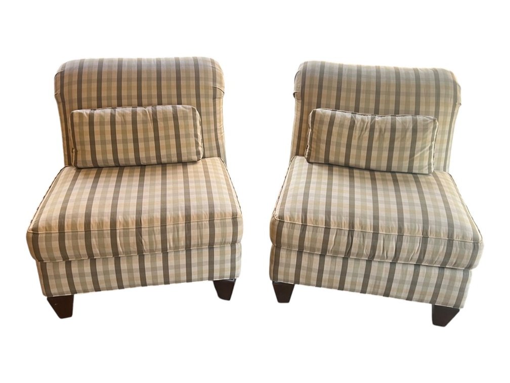 Pair of Stanford Furniture Corporation Armless Slipper Chairs in Woven Plaid Upholstery