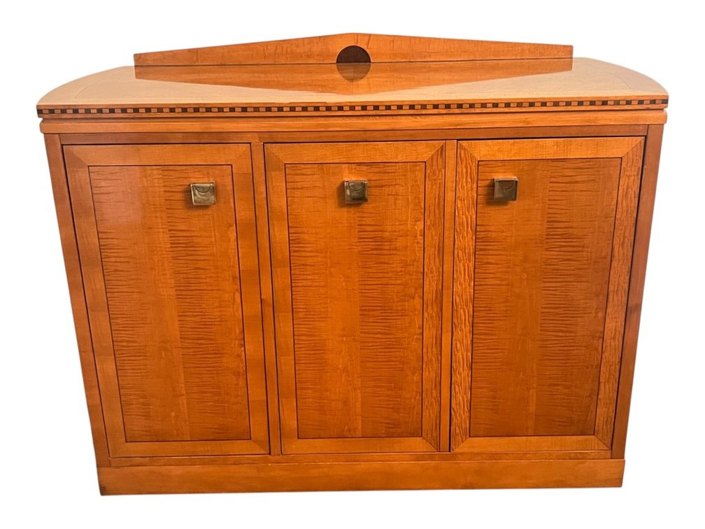 Hickory White Satinwood Expandable Bar Cabinet / Buffet Server with Fold-Out Leather-Lined Wings